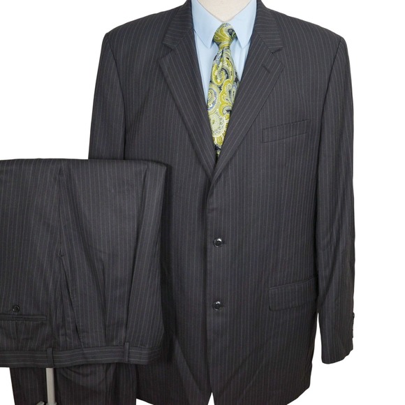 Evan-Picone Suit Men 50L 38W 32L ‎ Black Gray Pinstripe Wool